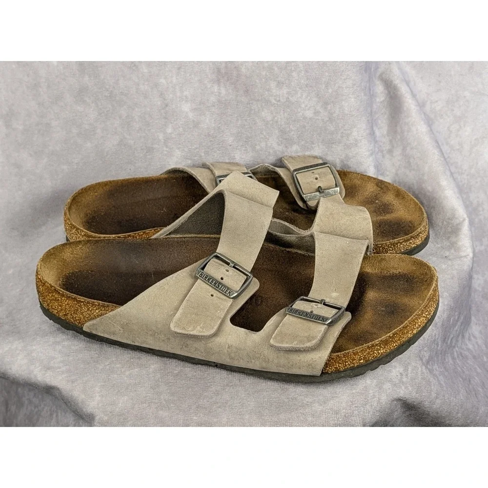 Birkenstock Arizona Taupe‎ Suede Two Strap Sandals Mens 44 Cork Footbed Slides